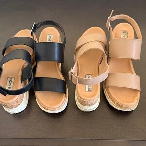 Steve Madden 2 X Pairs Brenda Leather Two Band Platform Sandals in Black & Tan.